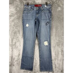 Y2K GUESS JEANS Men's Blue Denim Bootcut Distressed Patched Jeans Size 26